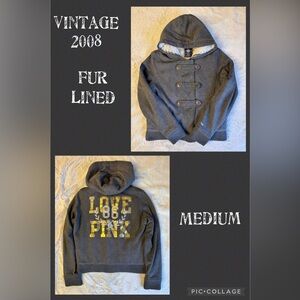 VS PINK VINTAGE FUR LINED BOMBER HOODIE JACKET COAT GRAY GOLD CREST 1986 LOGO M